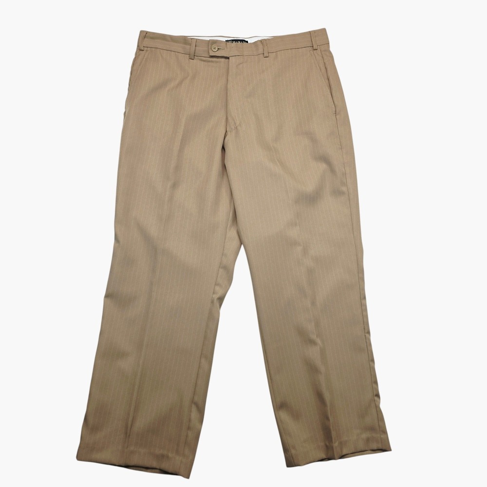 Haband Mens Pinstripe Dress Pants Tan Straight Leg Flat Front 37x28